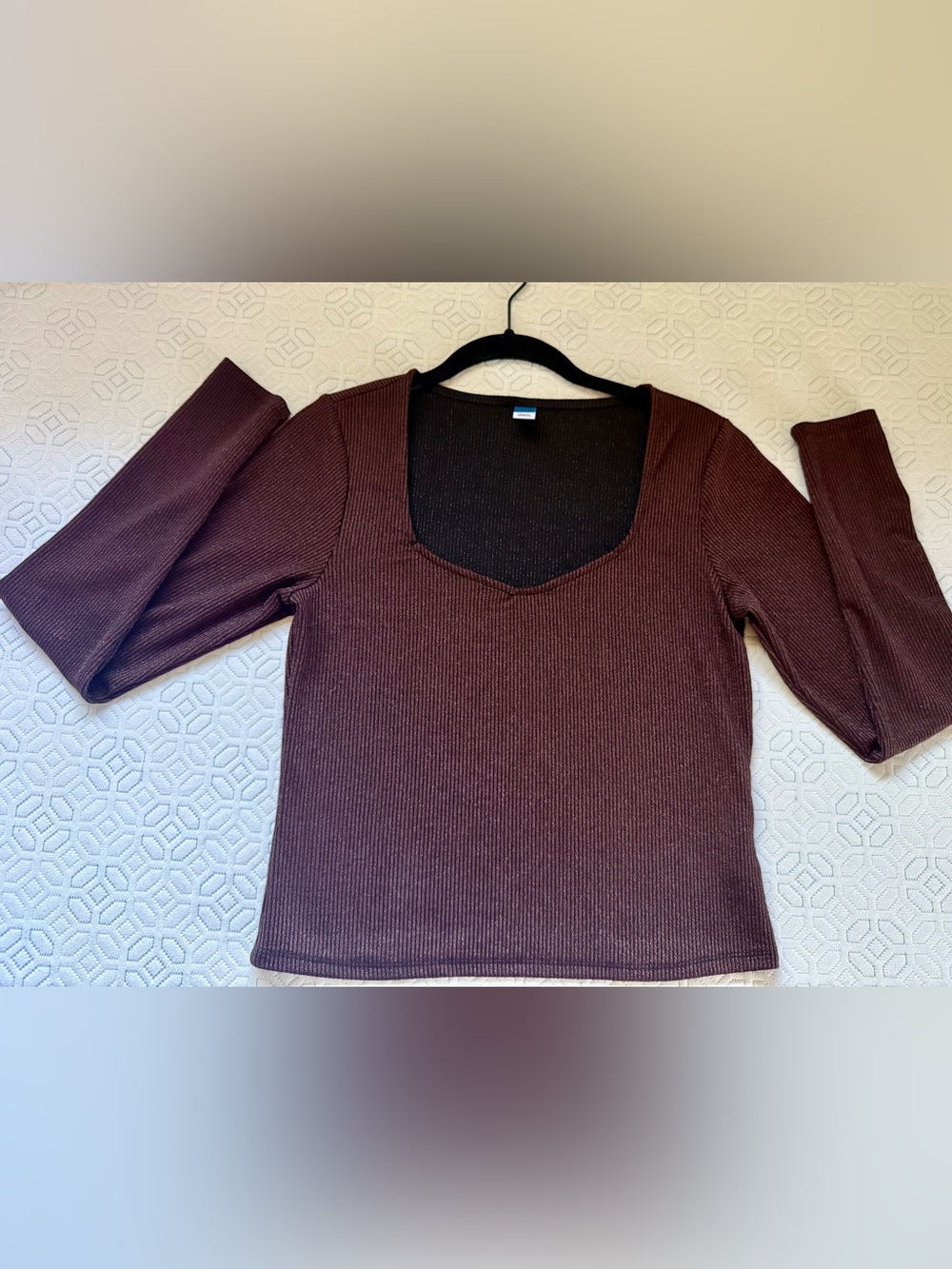 Brown Ribbed Square-Neck Long Sleeve Top
